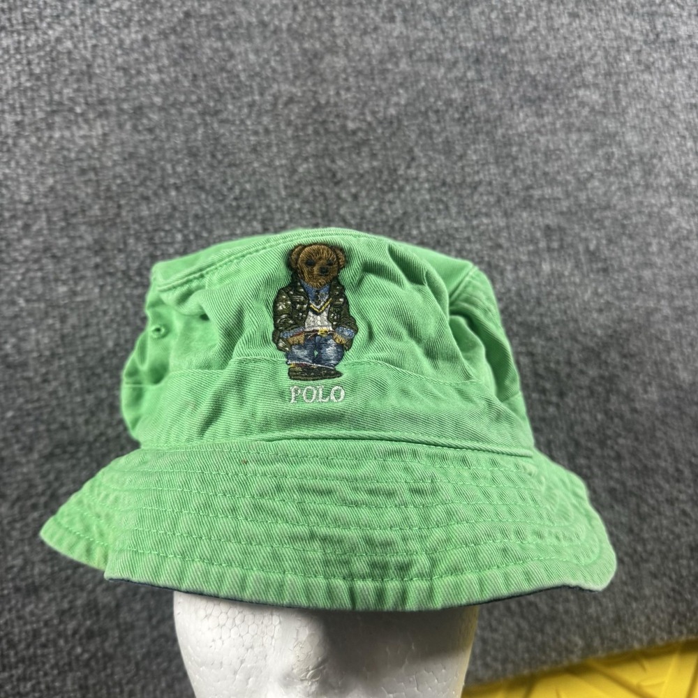 Polo Ralph Lauren Hat Bucket Mens M Green Twill Bear Logo Lined Summer